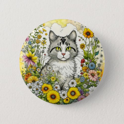 Gray Kitty Cat Sitting in Flowers  Button