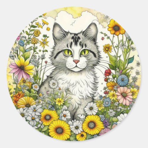 Gray Kitty Cat Sitting in Flowers  Classic Round Sticker
