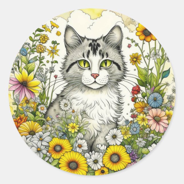 Gray Kitty Cat Sitting in Flowers  Classic Round Sticker (Front)