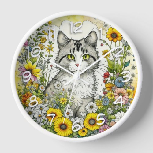 Gray Kitty Cat Sitting in Flowers  Clock
