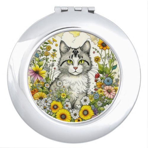 Gray Kitty Cat Sitting in Flowers  Compact Mirror