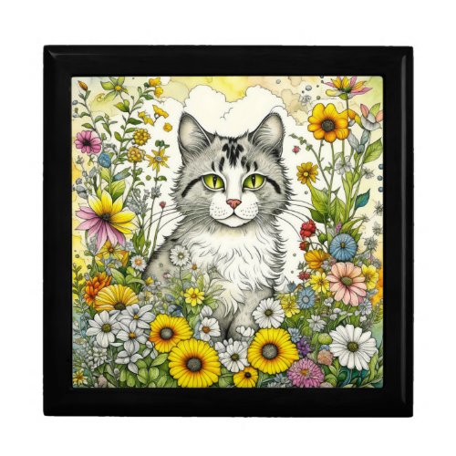 Gray Kitty Cat Sitting in Flowers  Gift Box