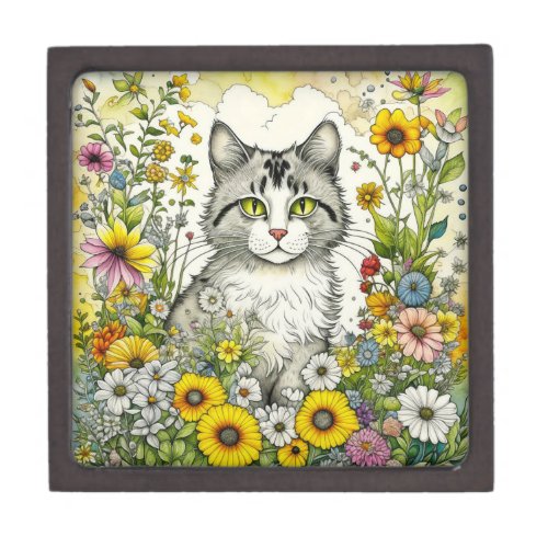 Gray Kitty Cat Sitting in Flowers  Gift Box