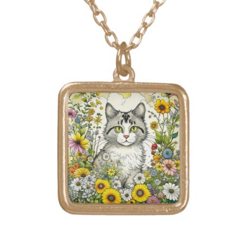 Gray Kitty Cat Sitting in Flowers  Gold Plated Necklace