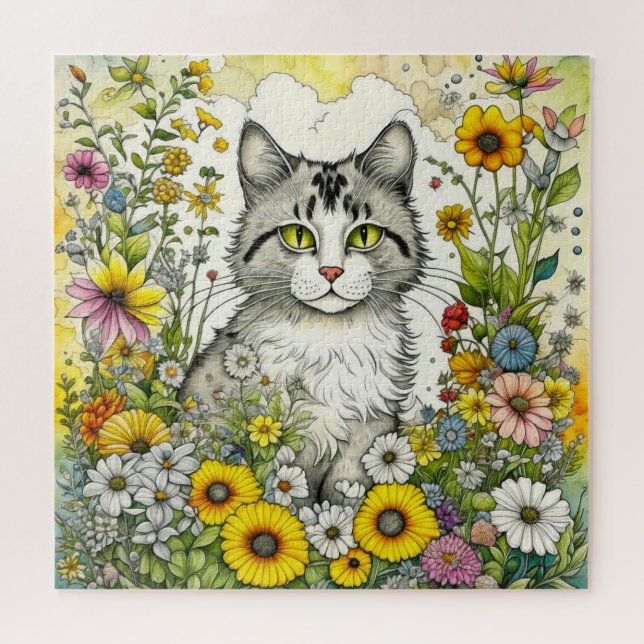 Gray Kitty Cat Sitting in Flowers  Jigsaw Puzzle (Horizontal)