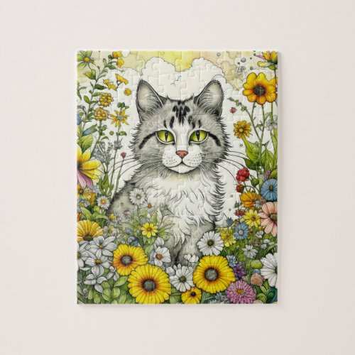 Gray Kitty Cat Sitting in Flowers  Jigsaw Puzzle
