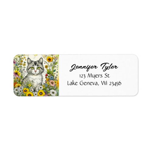 Gray Kitty Cat Sitting in Flowers  Label