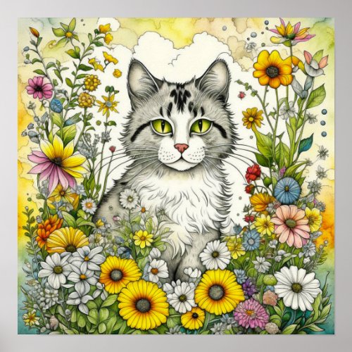 Gray Kitty Cat Sitting in Flowers  Poster