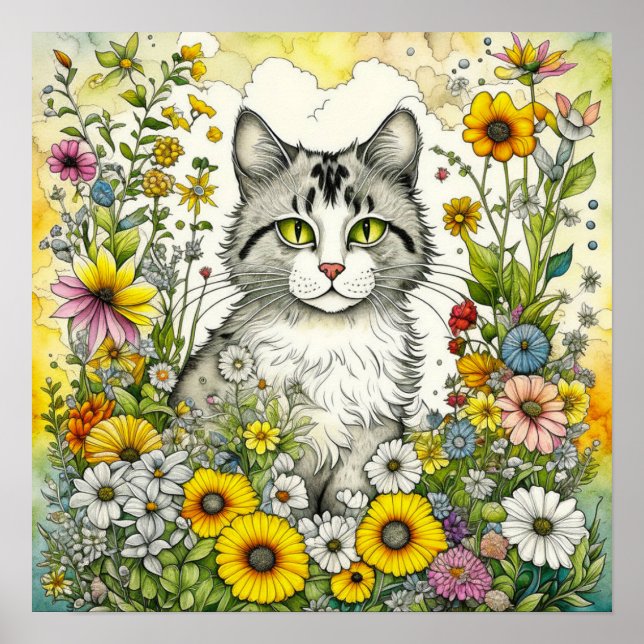 Gray Kitty Cat Sitting in Flowers  Poster (Front)