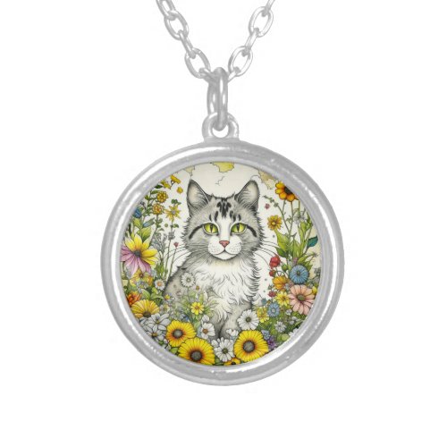 Gray Kitty Cat Sitting in Flowers  Silver Plated Necklace