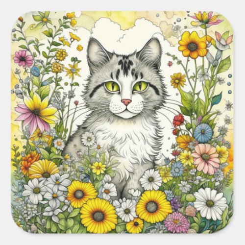 Gray Kitty Cat Sitting in Flowers  Square Sticker