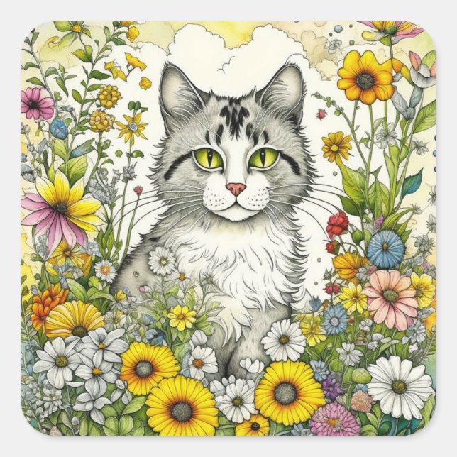 Gray Kitty Cat Sitting in Flowers  Square Sticker (Front)