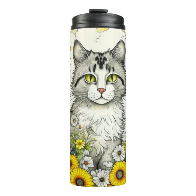Gray Kitty Cat Sitting in Flowers  Thermal Tumbler (Front)