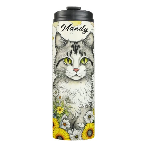 Gray Kitty Cat Sitting in Flowers  Thermal Tumbler