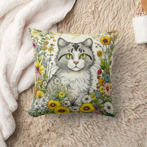 Gray Kitty Cat Sitting in Flowers  Throw Pillow