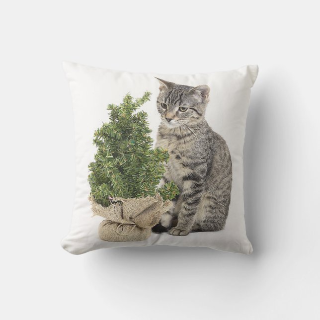 Gray Kitty Green Tree Throw Pillow (Front)