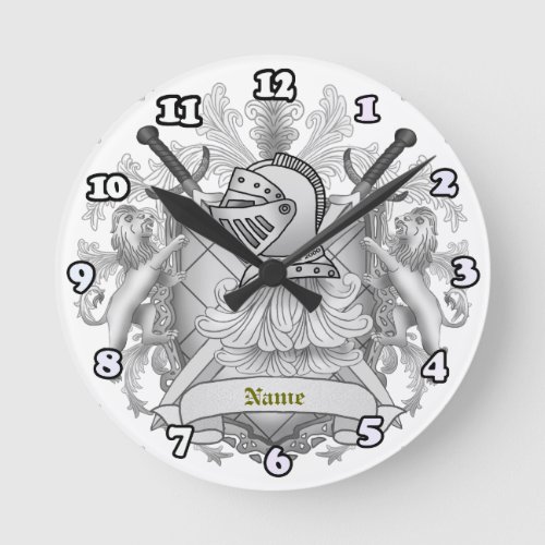 Gray Knight Family Crest Surname Round Clock