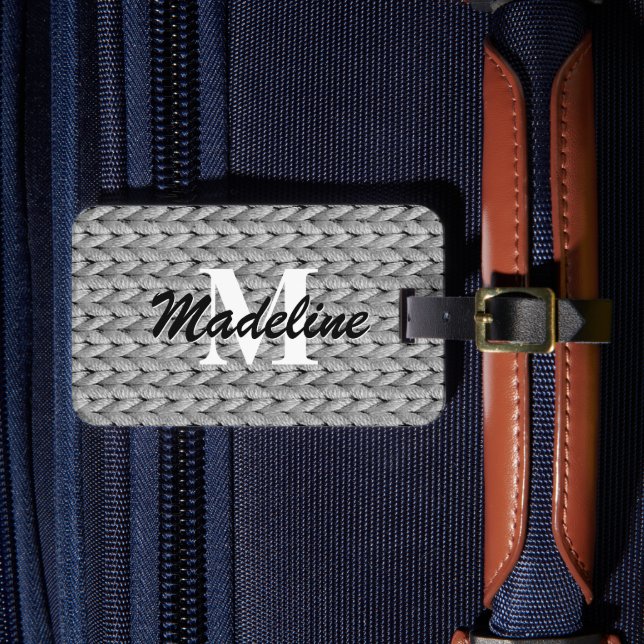 Gray Knitted Luggage Tag + Name, Monogram (Front Insitu 4)