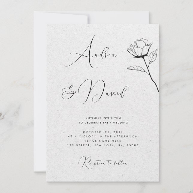 Gray Kraft Look Drawn Rose QR Code RSVP Wedding Invitation (Front)