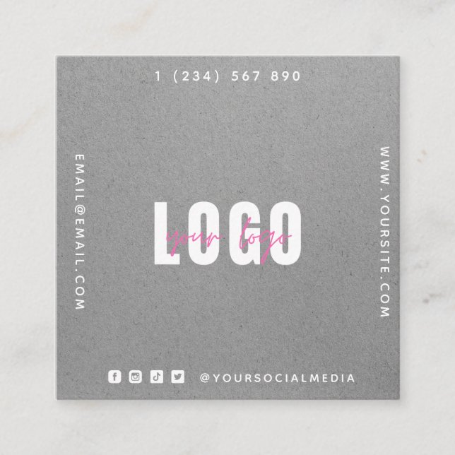Gray Kraft Paper Add Your Logo & QR Code Simple    Square Business Card (Front)