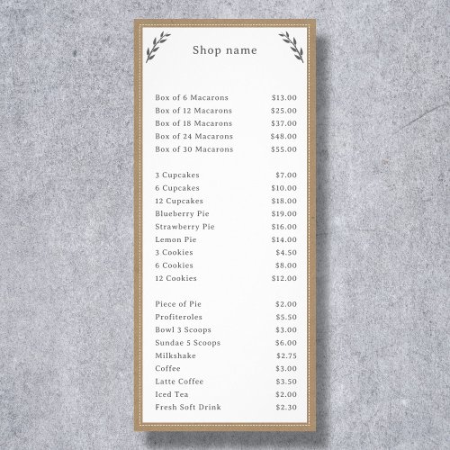 Gray Kraft  Rustic Menu  Price List Rack Card