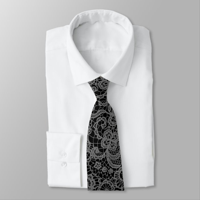 Gray Lace On Black Neck Tie (Tied)
