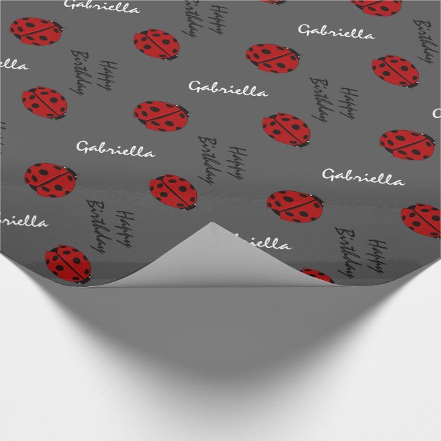 Gray Ladybug Personalized Birthday Wrapping Paper (Corner)