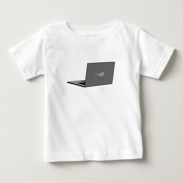 Gray Laptop with Bird Logo Cartoon Baby T-Shirt (Front)