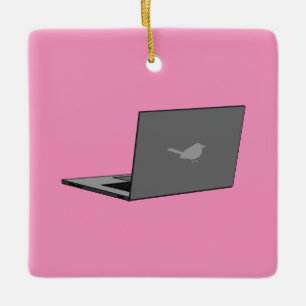 Gray Laptop with Bird Logo Cartoon Ceramic Ornament