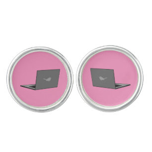 Gray Laptop with Bird Logo Cartoon Cufflinks