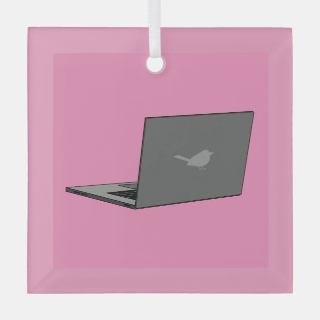 Gray Laptop with Bird Logo Cartoon Glass Ornament (Front)