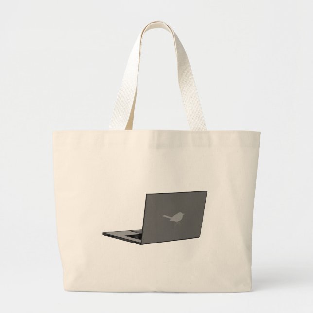 Gray Laptop with Bird Logo Cartoon Large Tote Bag (Front)