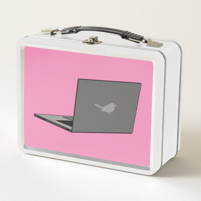 Gray Laptop with Bird Logo Cartoon Metal Lunch Box (Front)