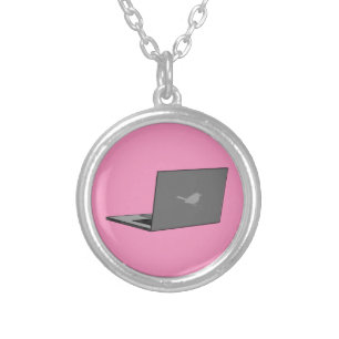 Gray Laptop with Bird Logo Cartoon Silver Plated Necklace