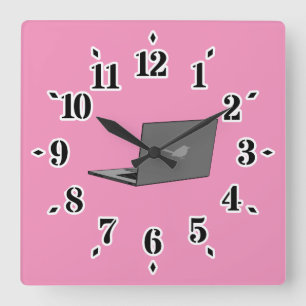 Gray Laptop with Bird Logo Cartoon Square Wall Clock