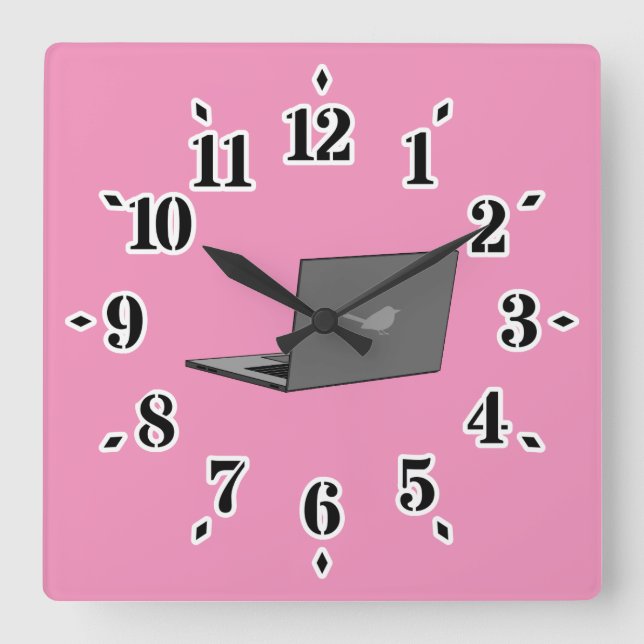 Gray Laptop with Bird Logo Cartoon Square Wall Clock (Front)