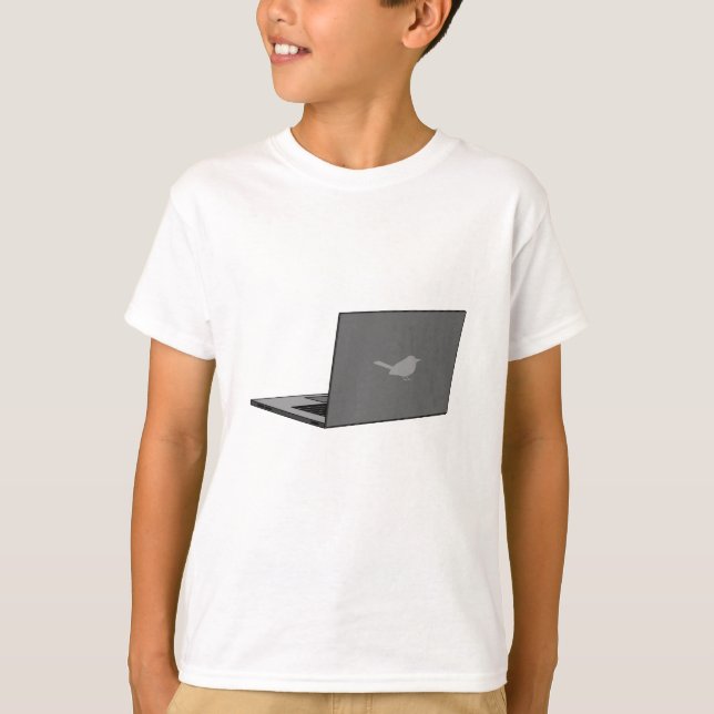 Gray Laptop with Bird Logo Cartoon T-Shirt (Front)
