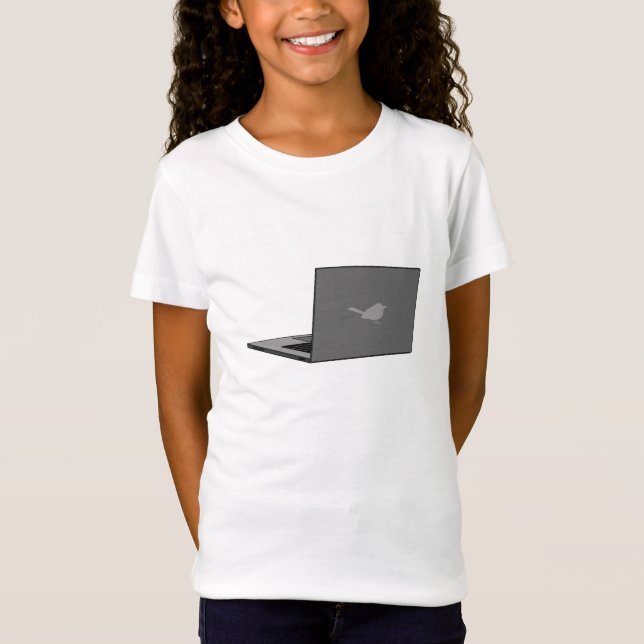 Gray Laptop with Bird Logo Cartoon T-Shirt (Front)