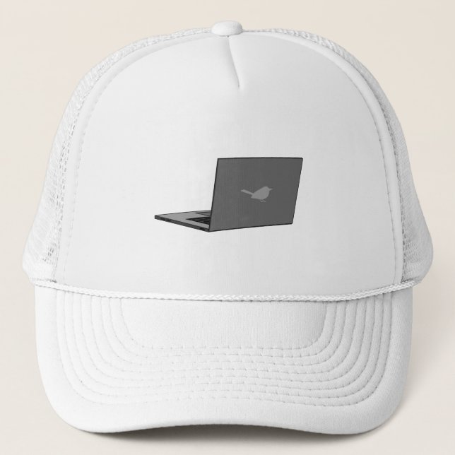 Gray Laptop with Bird Logo Cartoon Trucker Hat (Front)