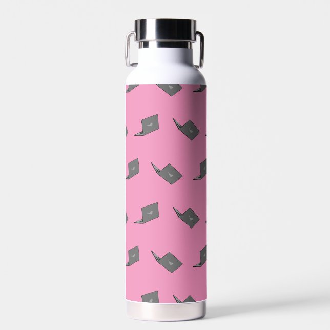 Gray Laptop with Bird Logo Cartoon Water Bottle (Front)