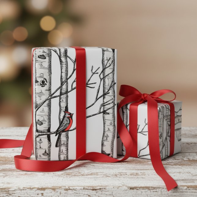 Gray Large Birch Trees and Red Cardinal Birds Wrapping Paper (Festive Gray Winter Christmas Red Cardinal Wrapping Paper. Elegant Birch Forest Trees Birds Pattern)