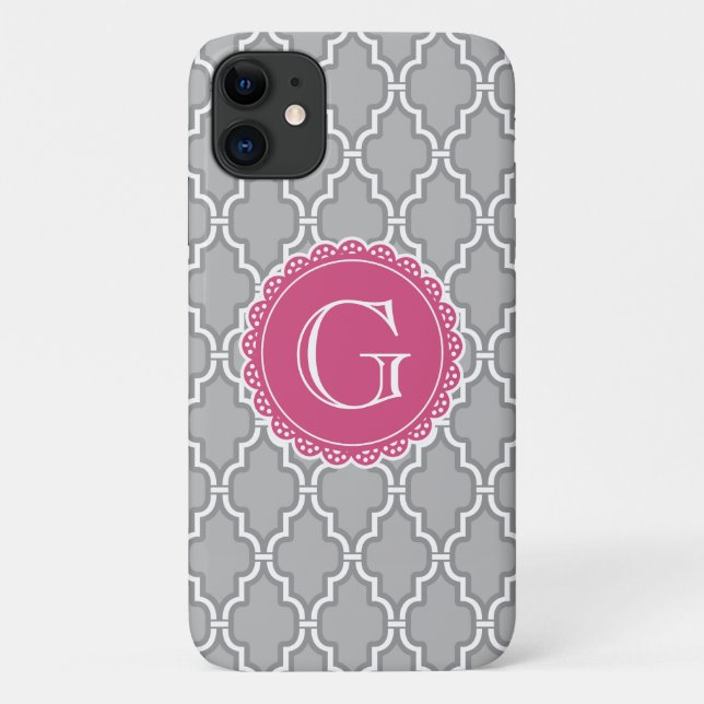 Gray Lattice Floral Pink Monogram Case-Mate iPhone Case (Back)