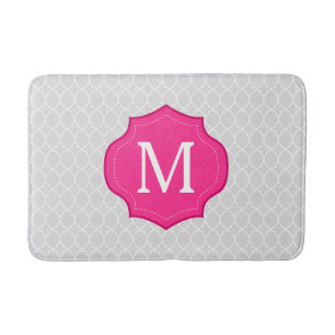 Gray Lattice Pattern Hot Pink Monogram Bath Mat