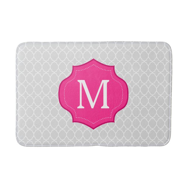 Gray Lattice Pattern Hot Pink Monogram Bath Mat (Front)