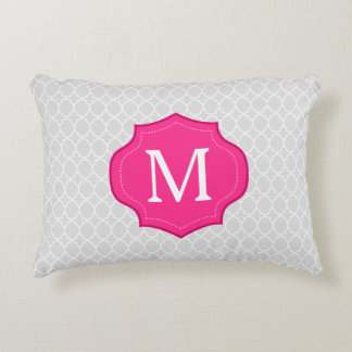 Gray Lattice Pattern Hot Pink Monogram Decorative Pillow