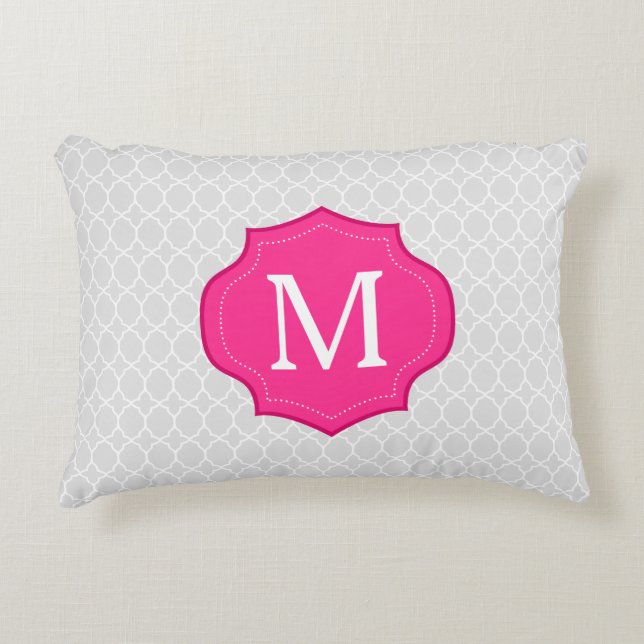 Gray Lattice Pattern Hot Pink Monogram Decorative Pillow (Front)