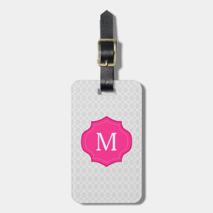 Gray Lattice Pattern Hot Pink Monogram Luggage Tag