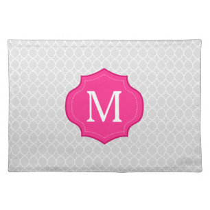 Gray Lattice Pattern Hot Pink Monogram Placemat