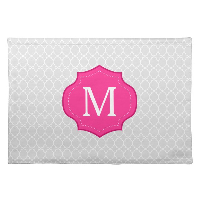 Gray Lattice Pattern Hot Pink Monogram Placemat (Front)