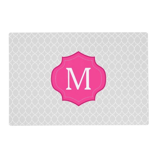 Gray Lattice Pattern Hot Pink Monogram Placemat (Front)